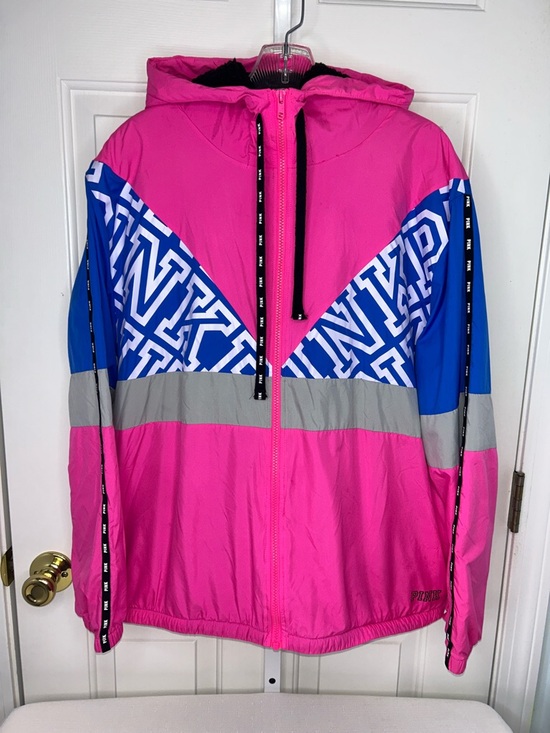 PINK Victoria's Secret Pink, Blue & Gray Hooded Sherpa Lined Windbreaker Jacket - Picture 2 of 10